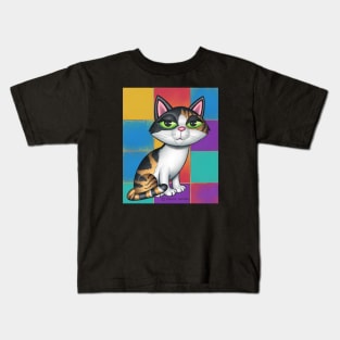 Cute Calico Kitty with Multi Colored Squares Kids T-Shirt